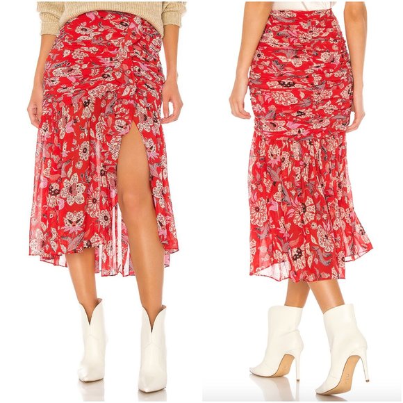 cinq a sept Dresses & Skirts - Cinq a Sept Kathleen Midi Skirt size 2 XS Venetian red multi floral ruched